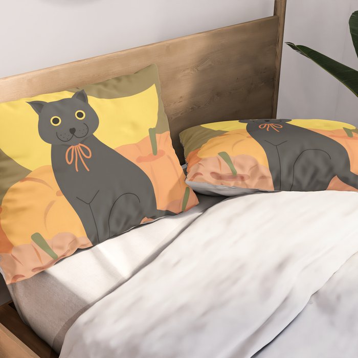 Cute Halloween Black Cat with Pumpkins and Bats Pillow Sham Gallery Image 2