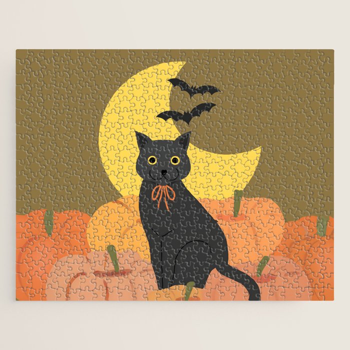 Cute Halloween Black Cat with Pumpkins and Bats Jigsaw Puzzle Gallery Image 1