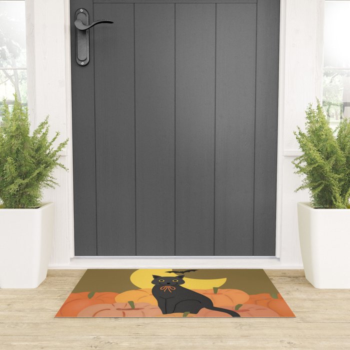 Cute Halloween Black Cat with Pumpkins and Bats Welcome Mat Gallery Image 3
