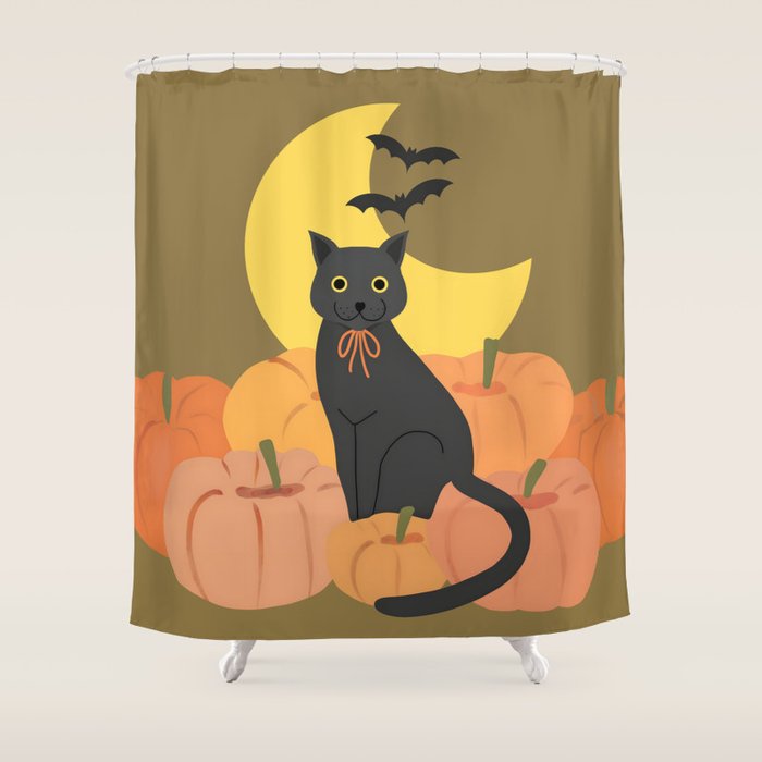 Cute Halloween Black Cat with Pumpkins and Bats Shower Curtain Gallery Image 1