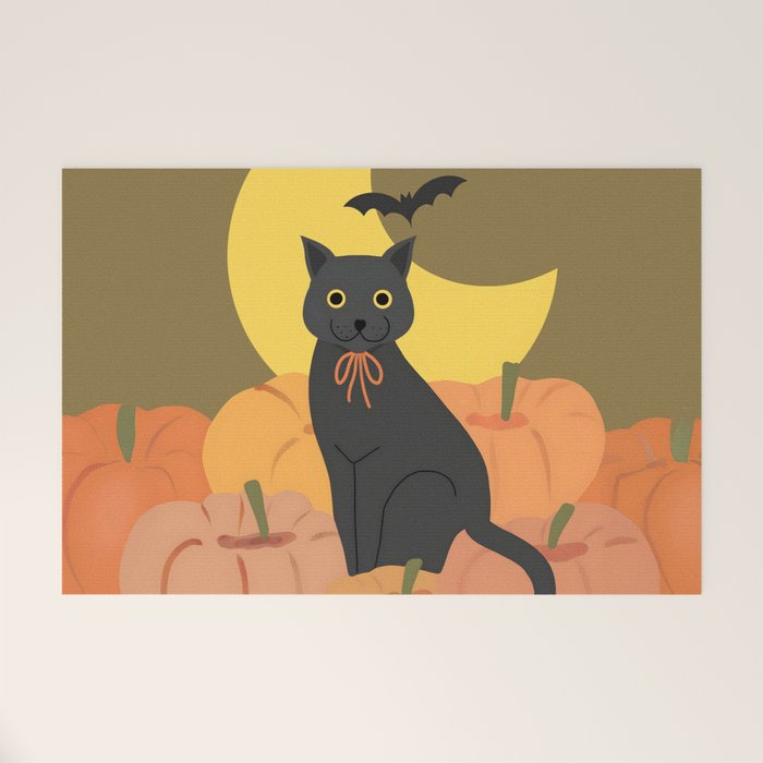 Cute Halloween Black Cat with Pumpkins and Bats Welcome Mat Gallery Image 1