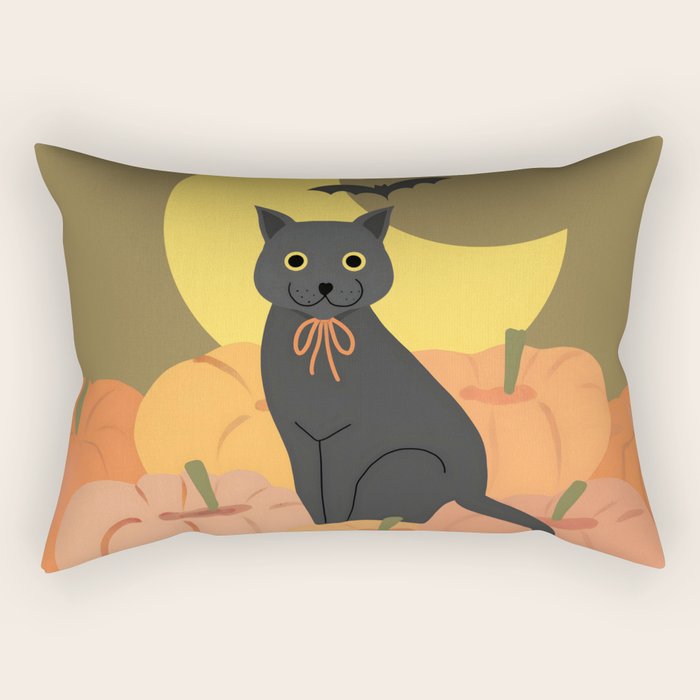 Cute Halloween Black Cat with Pumpkins and Bats Rectangular Pillow Gallery Image 1