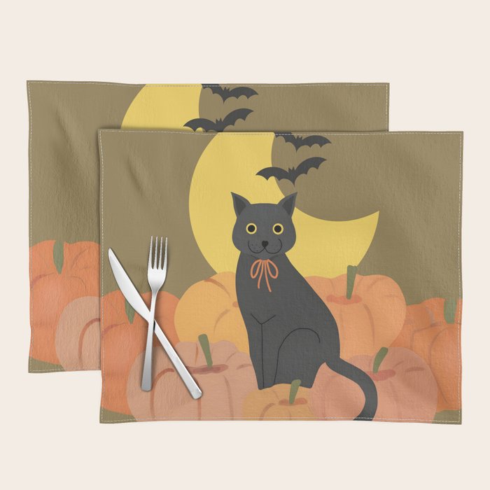 Cute Halloween Black Cat with Pumpkins and Bats Placemat Gallery Image 1
