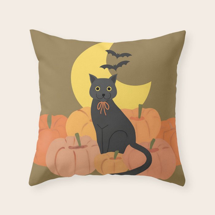 Cute Halloween Black Cat with Pumpkins and Bats Throw Pillow Gallery Image 6