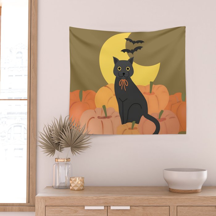 Cute Halloween Black Cat with Pumpkins and Bats Wall Tapestry Gallery Image 2