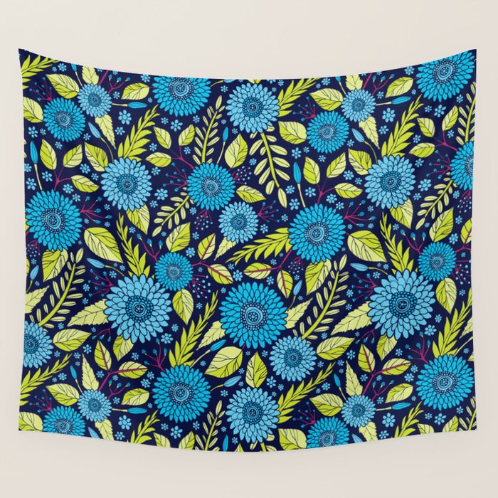 Turquoise Blue, Lime Green, Magenta & Navy Floral Pattern Wall Tapestry Gallery Image 4