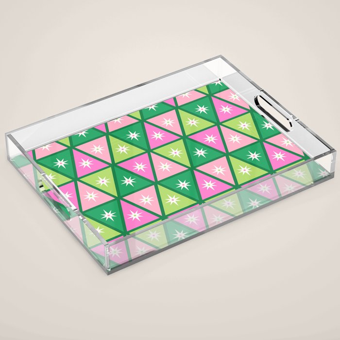 Mid-Century Modern Geometric Christmas Triangles - Green and Pink Acrylic Tray Gallery Image 1