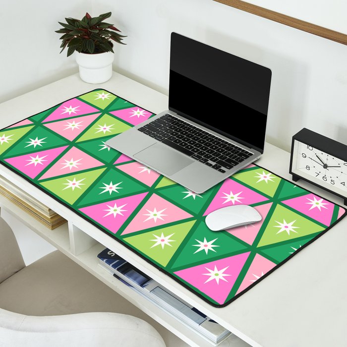 Mid-Century Modern Geometric Christmas Triangles - Green and Pink Desk Mat Gallery Image 2