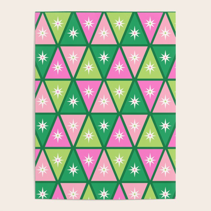 Mid-Century Modern Geometric Christmas Triangles - Green and Pink Poster Gallery Image 1