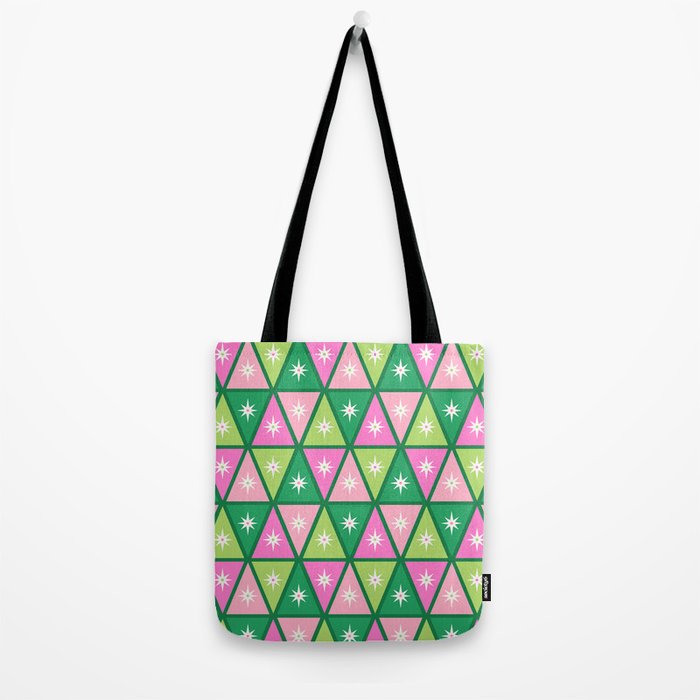 Mid-Century Modern Geometric Christmas Triangles - Green and Pink Tote Bag Gallery Image 2