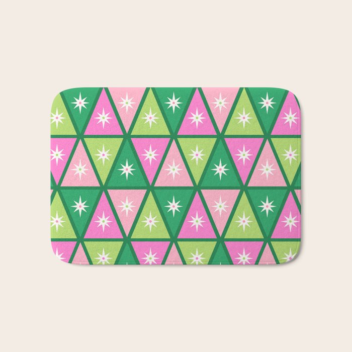 Mid-Century Modern Geometric Christmas Triangles - Green and Pink Bath Mat Gallery Image 1