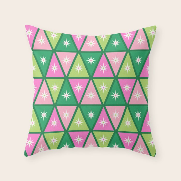 Mid-Century Modern Geometric Christmas Triangles - Green and Pink Throw Pillow Gallery Image 6