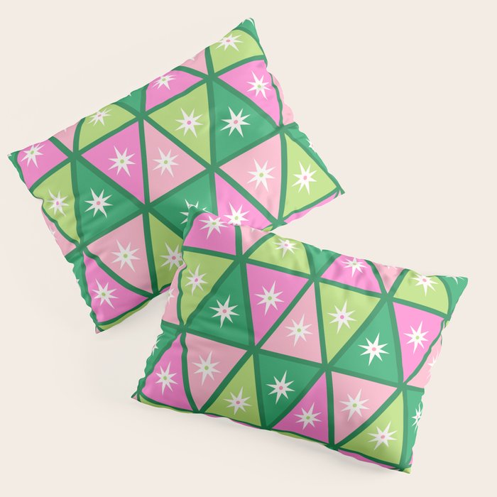 Mid-Century Modern Geometric Christmas Triangles - Green and Pink Pillow Sham Gallery Image 1