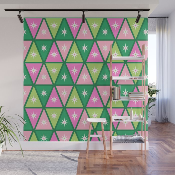 Mid-Century Modern Geometric Christmas Triangles - Green and Pink Wall Mural Gallery Image 1