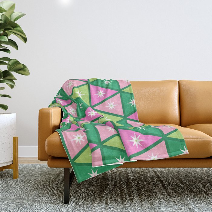Mid-Century Modern Geometric Christmas Triangles - Green and Pink Throw Blanket Gallery Image 1
