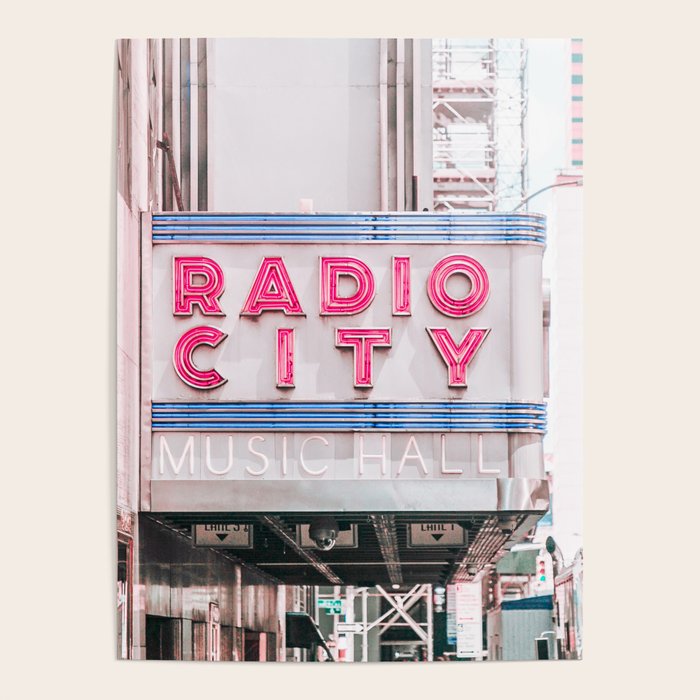 New York Radio City Sign Pink Travel Photography Poster Gallery Image 1