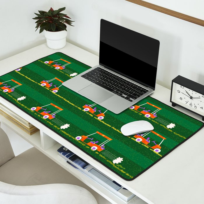 Retro Golf Cart Rides in Emerald Green & Orange Desk Mat Gallery Image 2