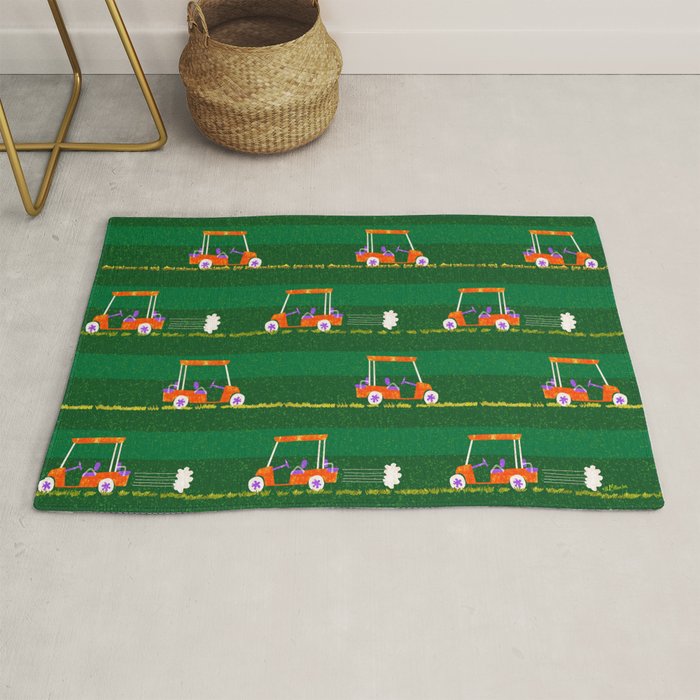 Retro Golf Cart Rides in Emerald Green & Orange Rug Gallery Image 1