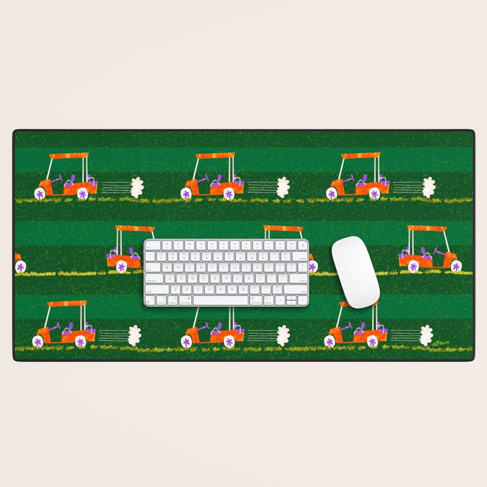 Retro Golf Cart Rides in Emerald Green & Orange Desk Mat Gallery Image 1
