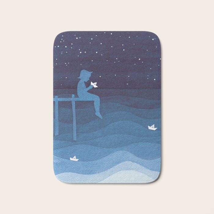 Boy with paper boats, blue Bath Mat Gallery Image 1