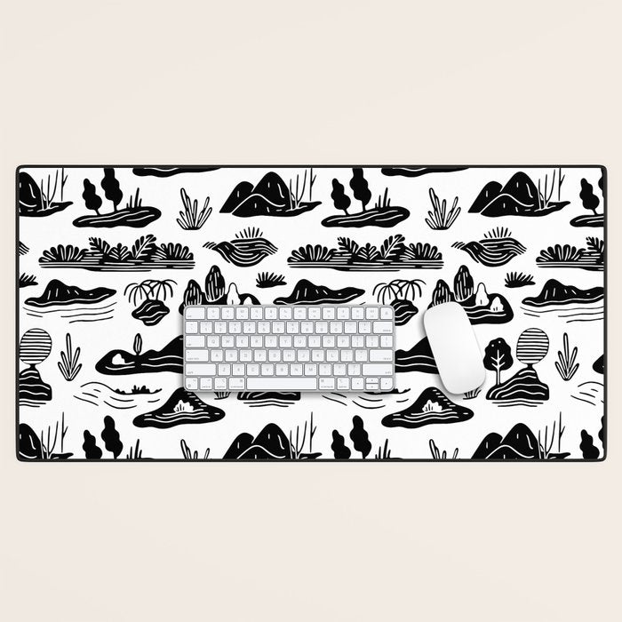 Black and white nature landscape doodle pattern Desk Mat Gallery Image 1