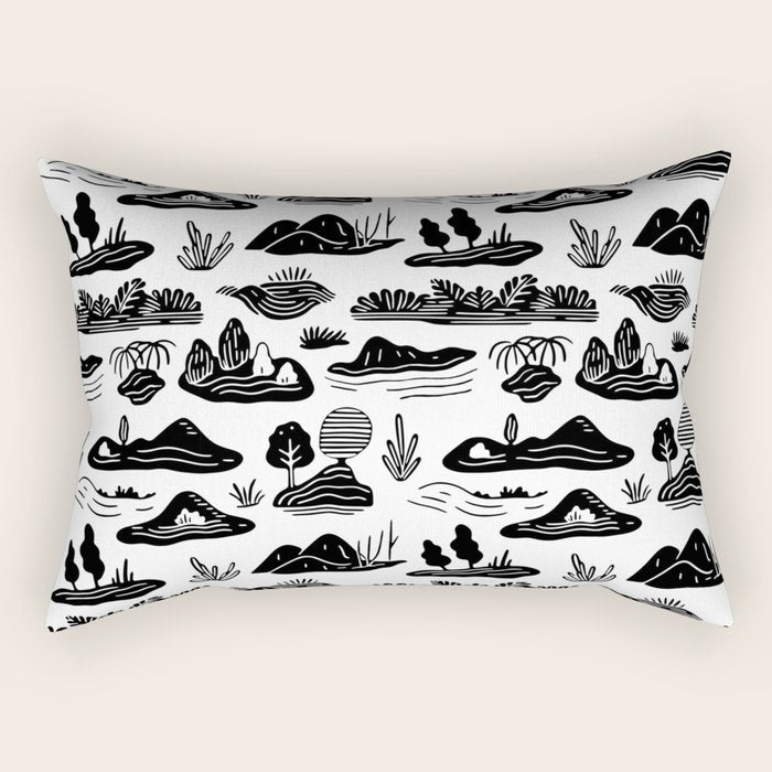 Black and white nature landscape doodle pattern Rectangular Pillow Gallery Image 2