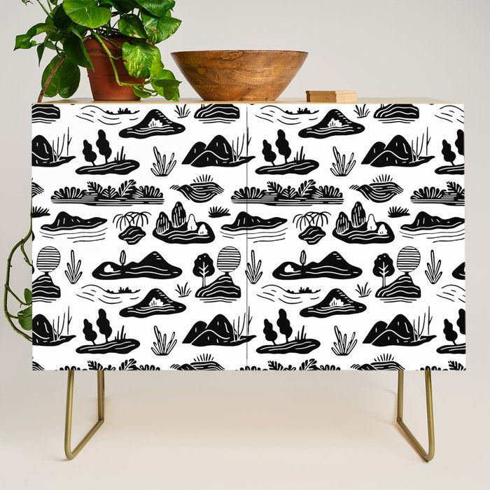 Black and white nature landscape doodle pattern Credenza Gallery Image 1