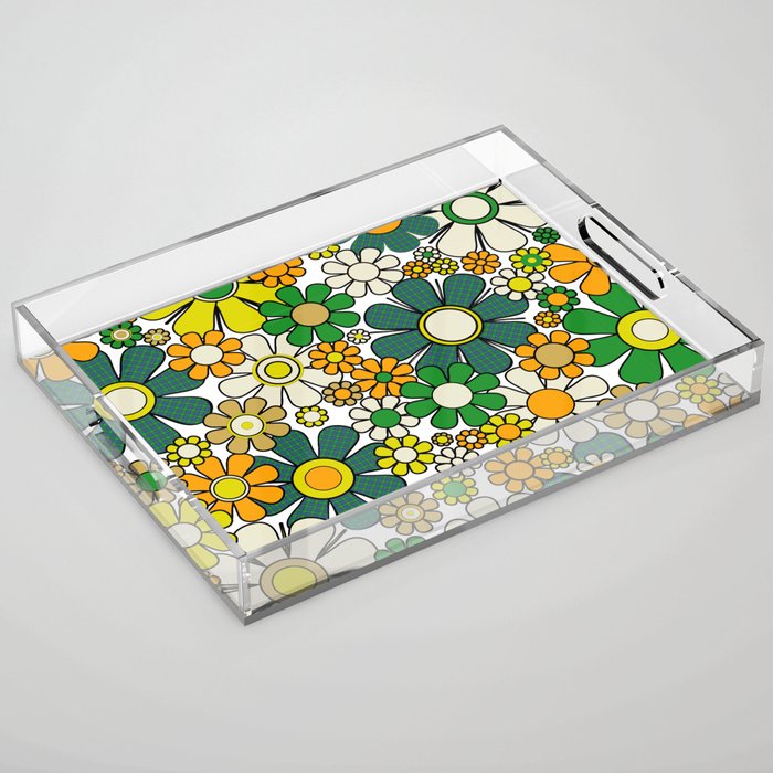 Retro 60s 70s Flowers Gingham Floral Pattern in Green Orange Yellow White Acrylic Tray Gallery Image 1