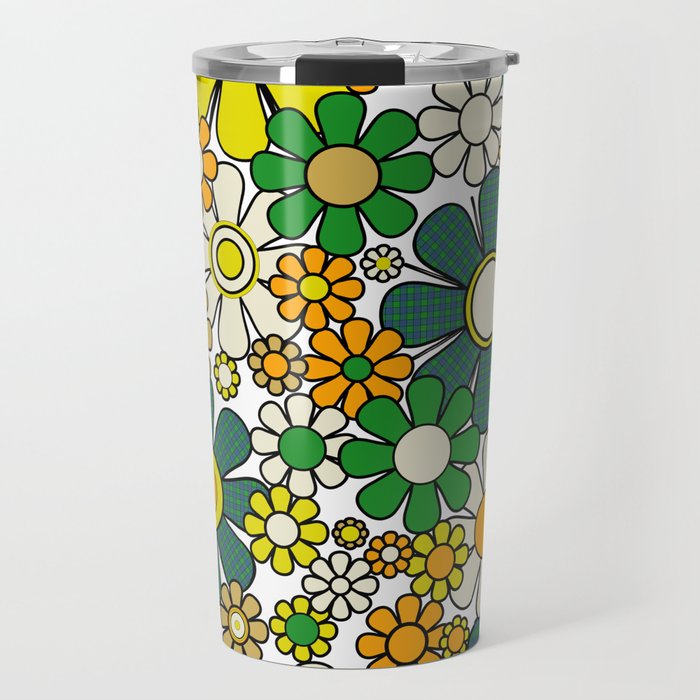 Retro 60s 70s Flowers Gingham Floral Pattern in Green Orange Yellow White Travel Mug Gallery Image 1