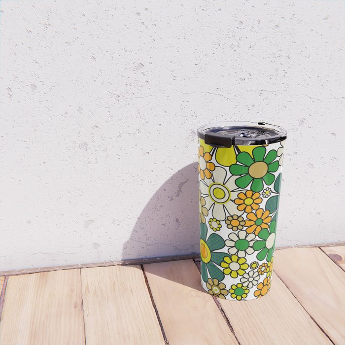 Retro 60s 70s Flowers Gingham Floral Pattern in Green Orange Yellow White Travel Mug Gallery Image 4