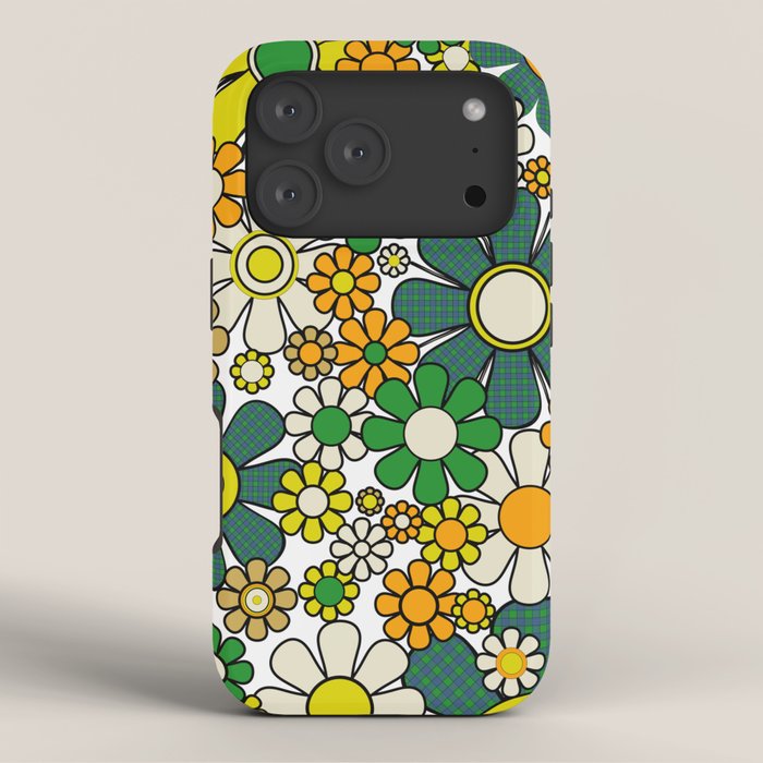 Retro 60s 70s Flowers Gingham Floral Pattern in Green Orange Yellow White iPhone Case Gallery Image 3