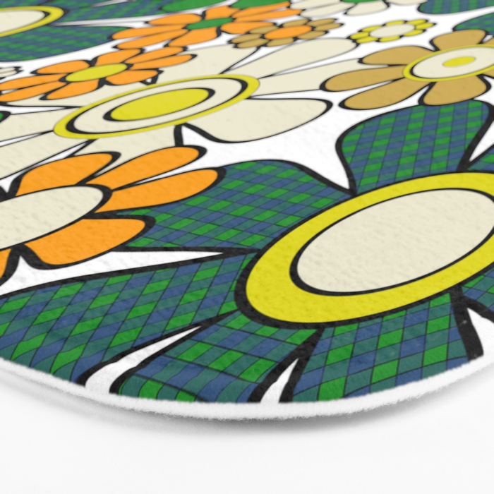 Retro 60s 70s Flowers Gingham Floral Pattern in Green Orange Yellow White Bath Mat Gallery Image 3