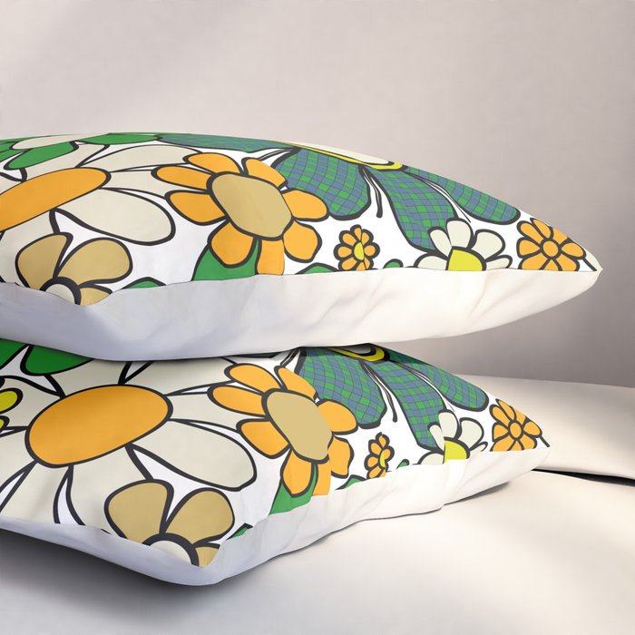 Retro 60s 70s Flowers Gingham Floral Pattern in Green Orange Yellow White Pillow Sham Gallery Image 3