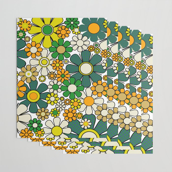 Retro 60s 70s Flowers Gingham Floral Pattern in Green Orange Yellow White Wrapping Paper Gallery Image 3