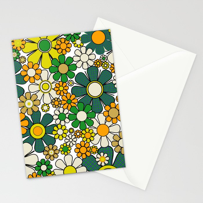 Retro 60s 70s Flowers Gingham Floral Pattern in Green Orange Yellow White Stationery Card Gallery Image 2