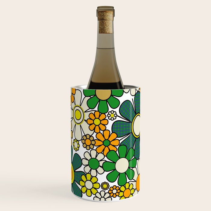 Retro 60s 70s Flowers Gingham Floral Pattern in Green Orange Yellow White Wine Chiller Gallery Image 1