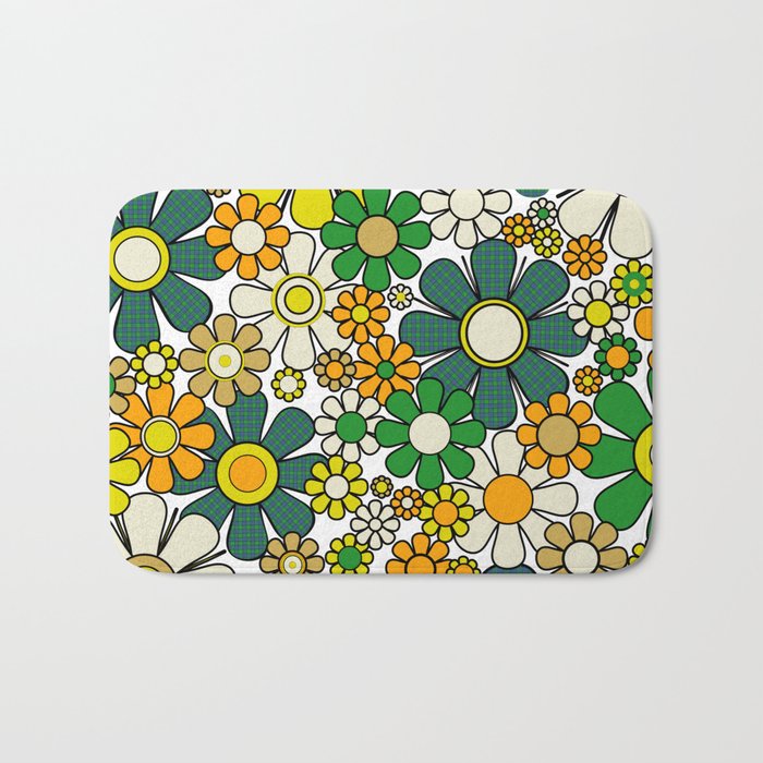 Retro 60s 70s Flowers Gingham Floral Pattern in Green Orange Yellow White Bath Mat Gallery Image 1