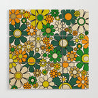 Retro 60s 70s Flowers Gingham Floral Pattern in Green Orange Yellow White Wood Wall Art Gallery Image 1