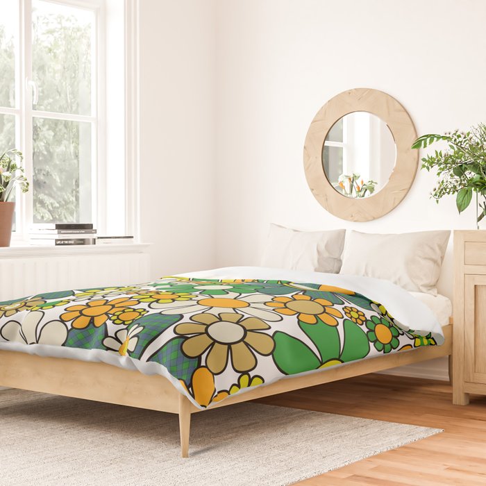 Retro 60s 70s Flowers Gingham Floral Pattern in Green Orange Yellow White Duvet Cover Gallery Image 2