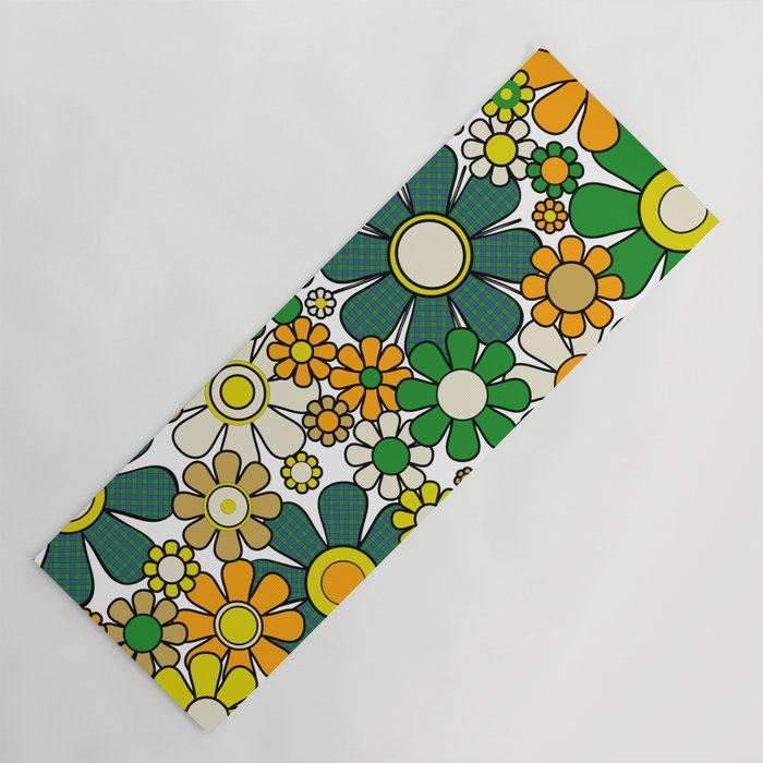 Retro 60s 70s Flowers Gingham Floral Pattern in Green Orange Yellow White Yoga Mat Gallery Image 1