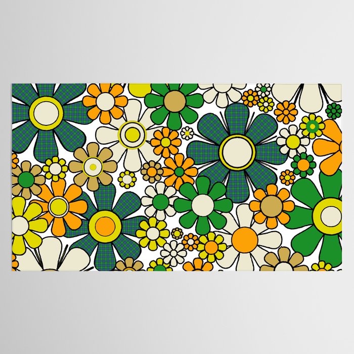 Retro 60s 70s Flowers Gingham Floral Pattern in Green Orange Yellow White Tablecloth Gallery Image 2