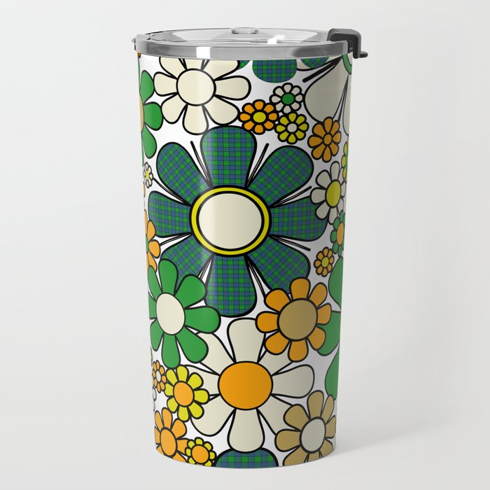 Retro 60s 70s Flowers Gingham Floral Pattern in Green Orange Yellow White Travel Mug Gallery Image 2