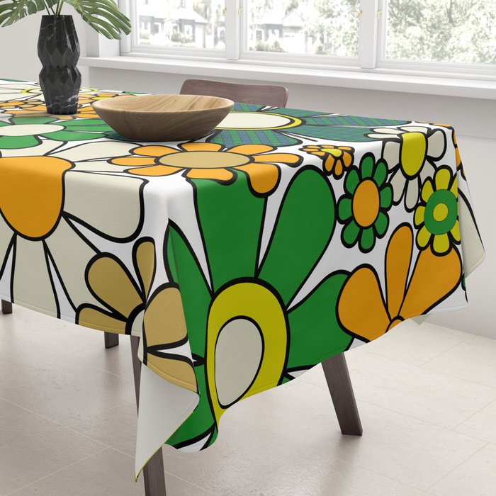 Retro 60s 70s Flowers Gingham Floral Pattern in Green Orange Yellow White Tablecloth Gallery Image 3