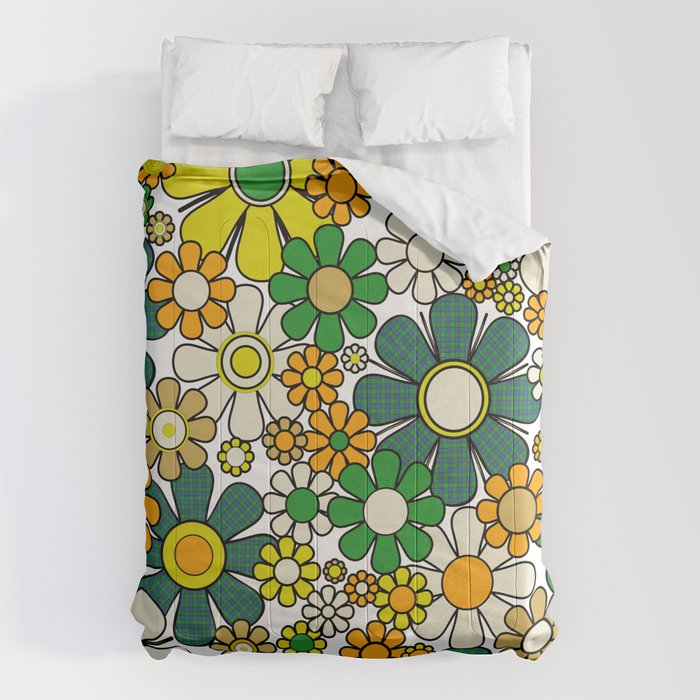 Retro 60s 70s Flowers Gingham Floral Pattern in Green Orange Yellow White Comforter Gallery Image 6