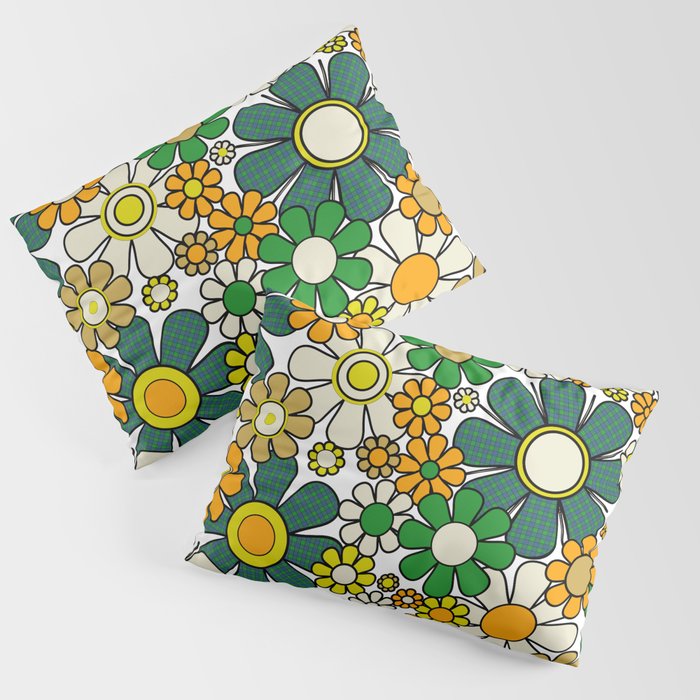 Retro 60s 70s Flowers Gingham Floral Pattern in Green Orange Yellow White Pillow Sham Gallery Image 1