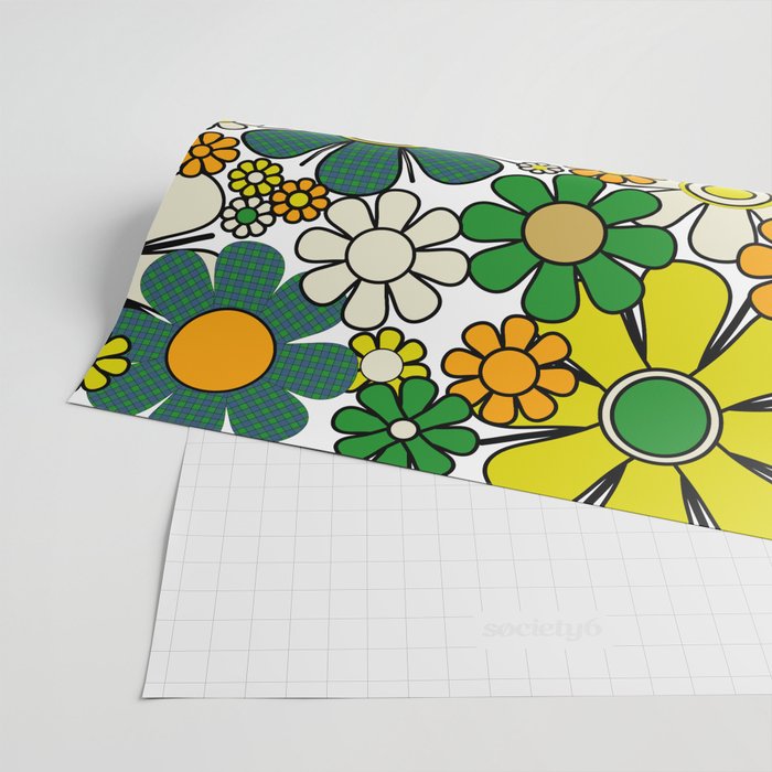 Retro 60s 70s Flowers Gingham Floral Pattern in Green Orange Yellow White Wrapping Paper Gallery Image 2