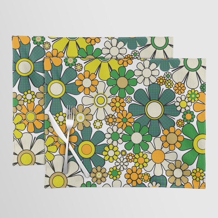 Retro 60s 70s Flowers Gingham Floral Pattern in Green Orange Yellow White Placemat Gallery Image 1