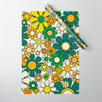 Retro 60s 70s Flowers Gingham Floral Pattern in Green Orange Yellow White Wrapping Paper Gallery Image 1
