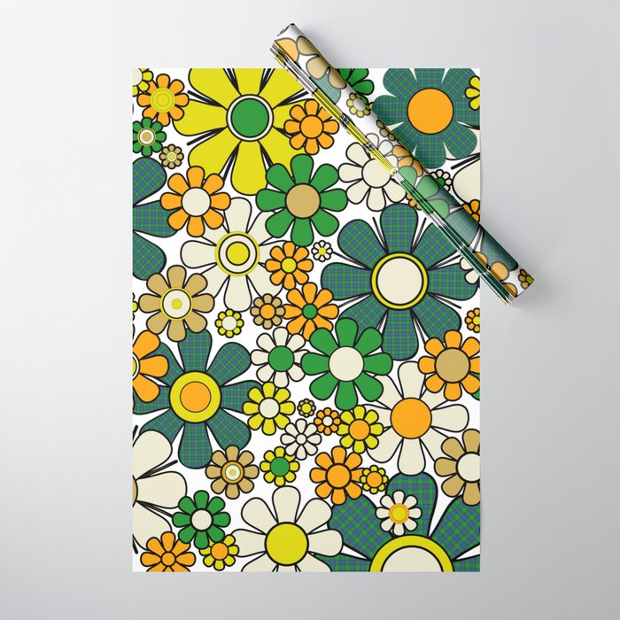 Retro 60s 70s Flowers Gingham Floral Pattern in Green Orange Yellow White Wrapping Paper Gallery Image 1