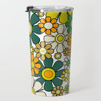 Retro 60s 70s Flowers Gingham Floral Pattern in Green Orange Yellow White Travel Mug Gallery Image 3